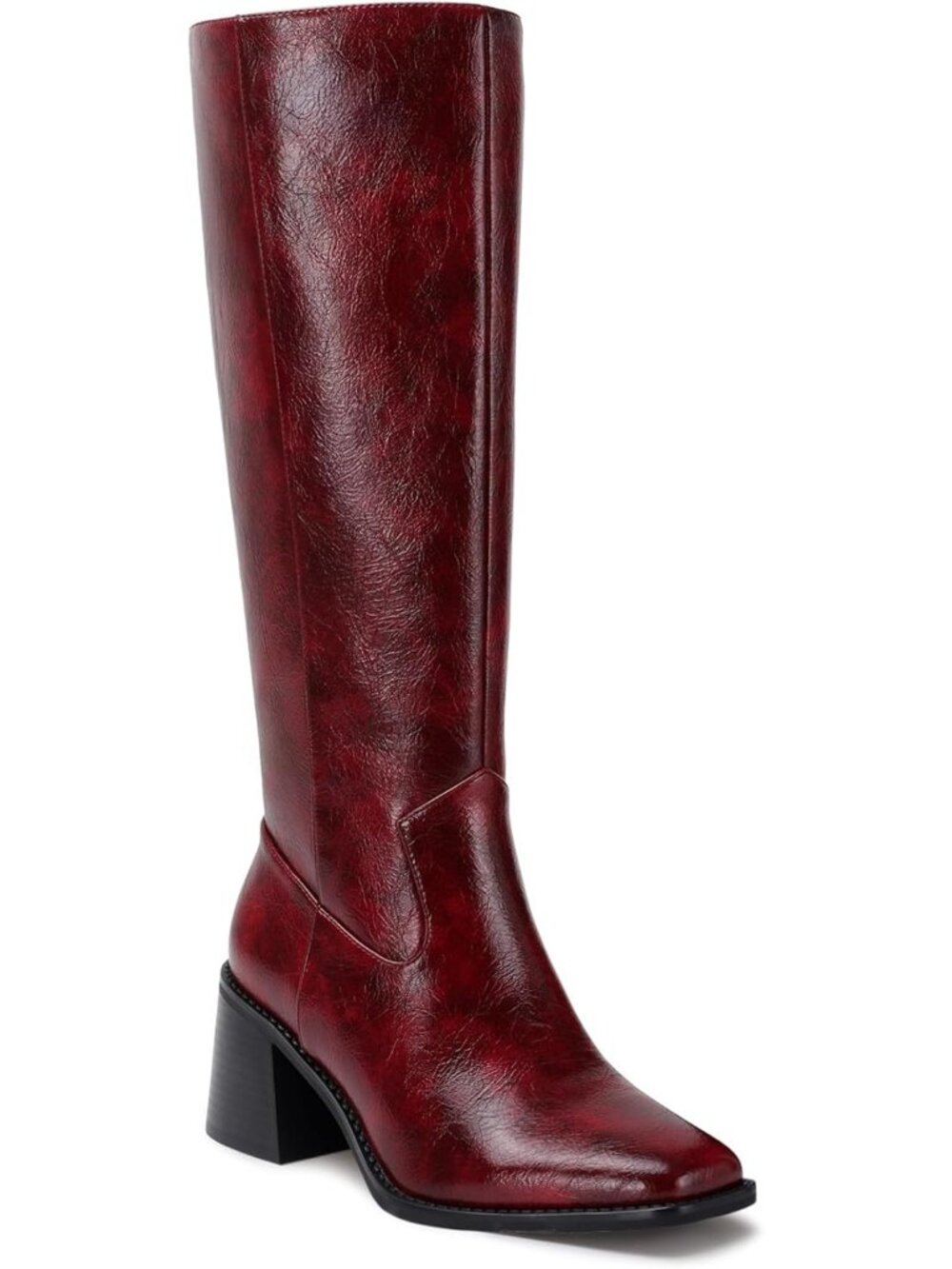 Women's Red Polyurethane Knee High Boots Squared Toe Chunky Heel Tall Boots - Picture 1 of 6